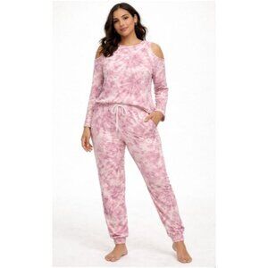 Studio 1886 Cold Shoulder Tie-Dye Pink & White Lounge Set Size Large